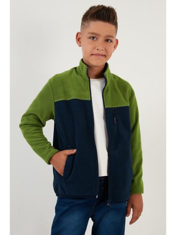 Lela Green Soft Textured Zippered Color Blocked High Collar Pocket Fleece