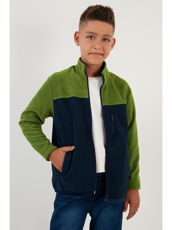 Lela Green Soft Textured Zippered Color Blocked High Collar Pocket Fleece