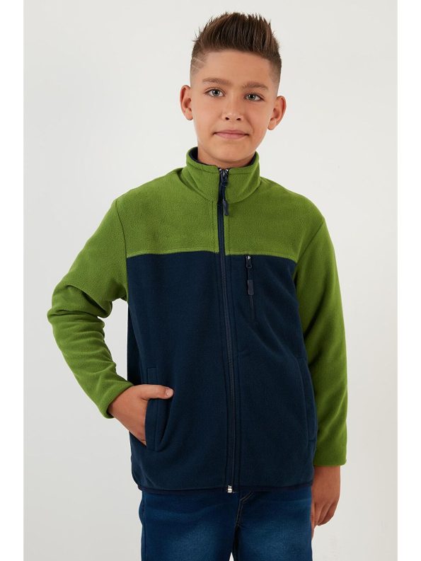 Lela Green Soft Textured Zippered Color Blocked High Collar Pocket Fleece