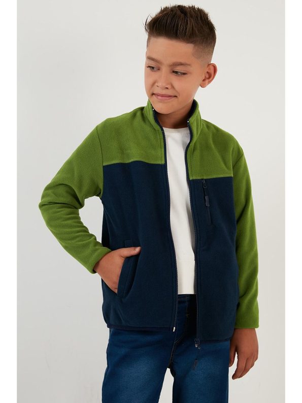 Lela Green Soft Textured Zippered Color Blocked High Collar Pocket Fleece