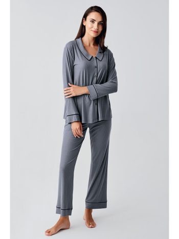 Grey Baby Collar Button-Up Long Sleeve Maternity Pajama Set