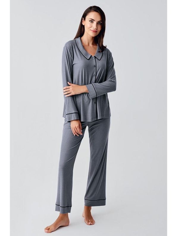 Grey Baby Collar Button-Up Long Sleeve Maternity Pajama Set