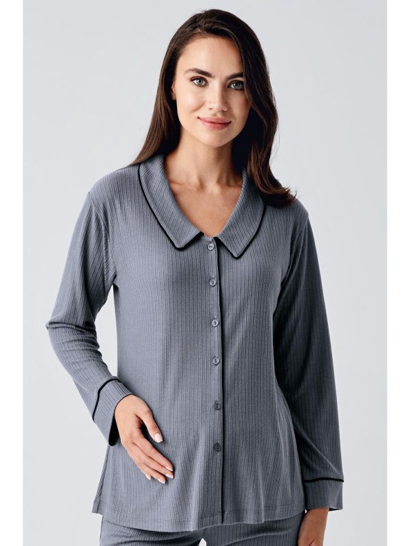 Grey Baby Collar Button-Up Long Sleeve Maternity Pajama Set
