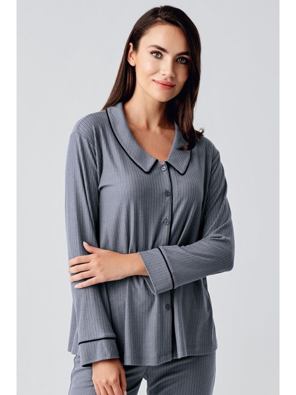 Grey Baby Collar Button-Up Long Sleeve Maternity Pajama Set