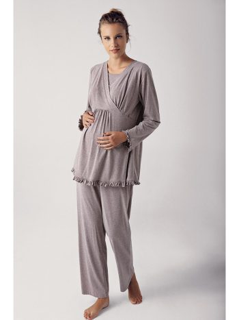 Artış Brown Women's Long Sleeve Stretch Cotton Maternity Pajama Set