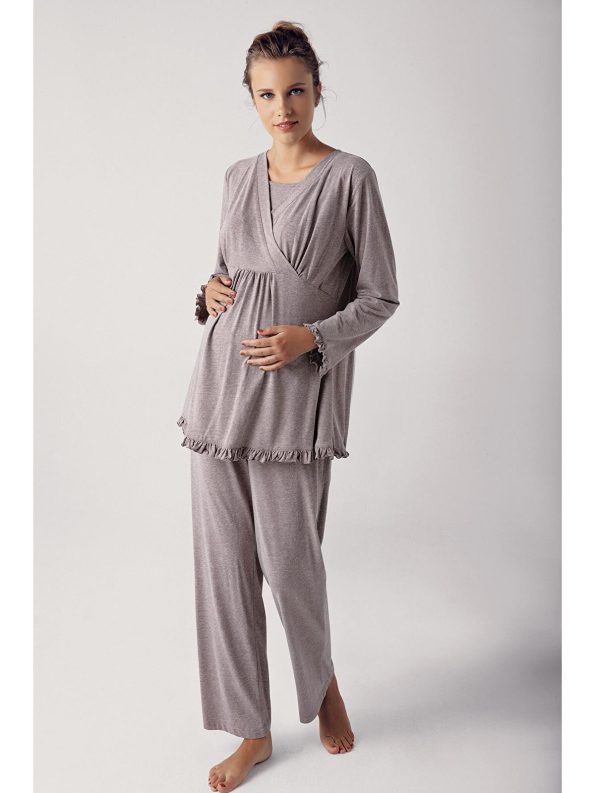 Artış Brown Women's Long Sleeve Stretch Cotton Maternity Pajama Set