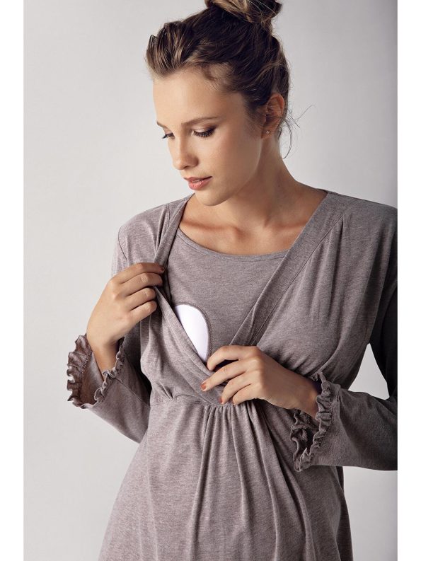 Artış Brown Women's Long Sleeve Stretch Cotton Maternity Pajama Set
