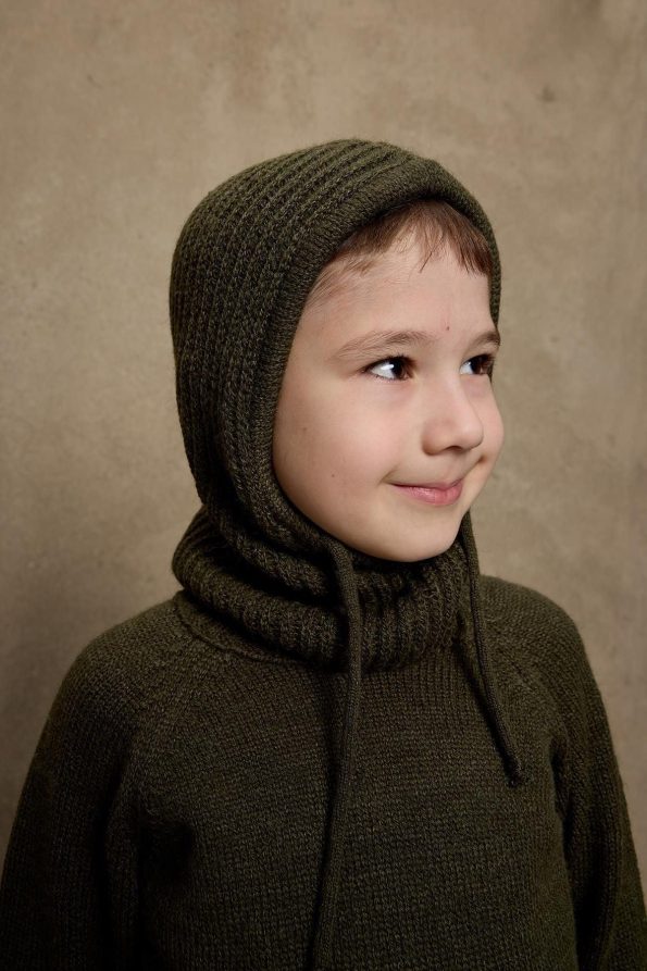 Kids' Drawstring Snow Beanie in Haki