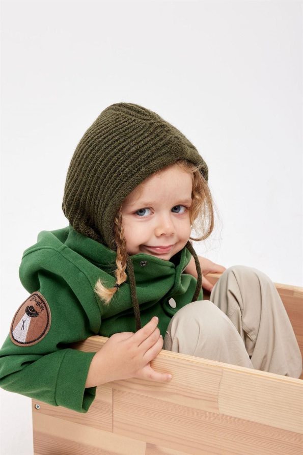 Kids' Drawstring Snow Beanie in Haki