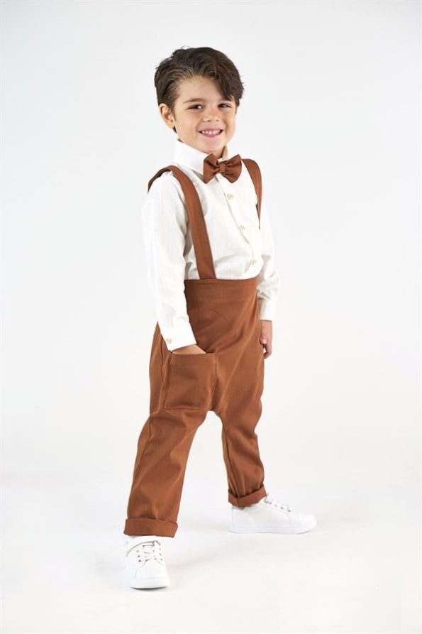 Brown Harem Overalls + Shirt + Bow Tie