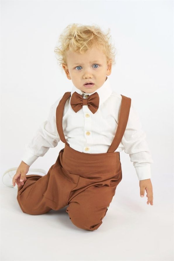 Brown Harem Overalls + Shirt + Bow Tie