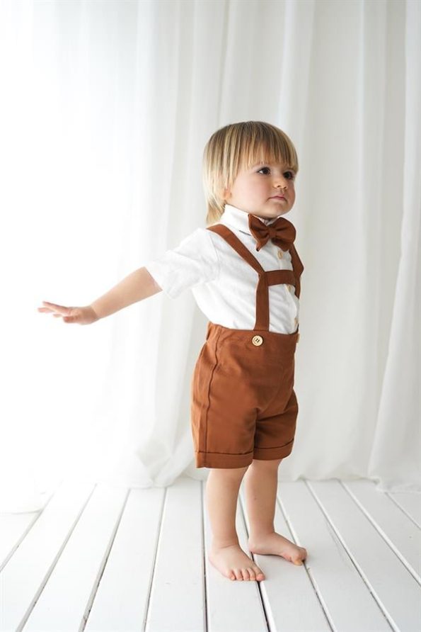 Brown Linen Short Dungarees with Short Sleeve Shirt and Bow Tie