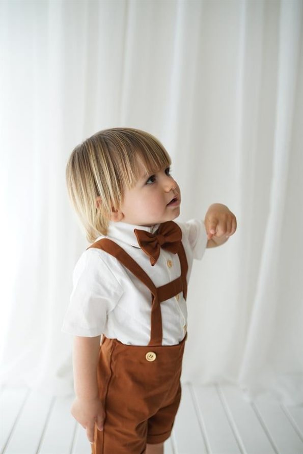 Brown Linen Short Dungarees with Short Sleeve Shirt and Bow Tie