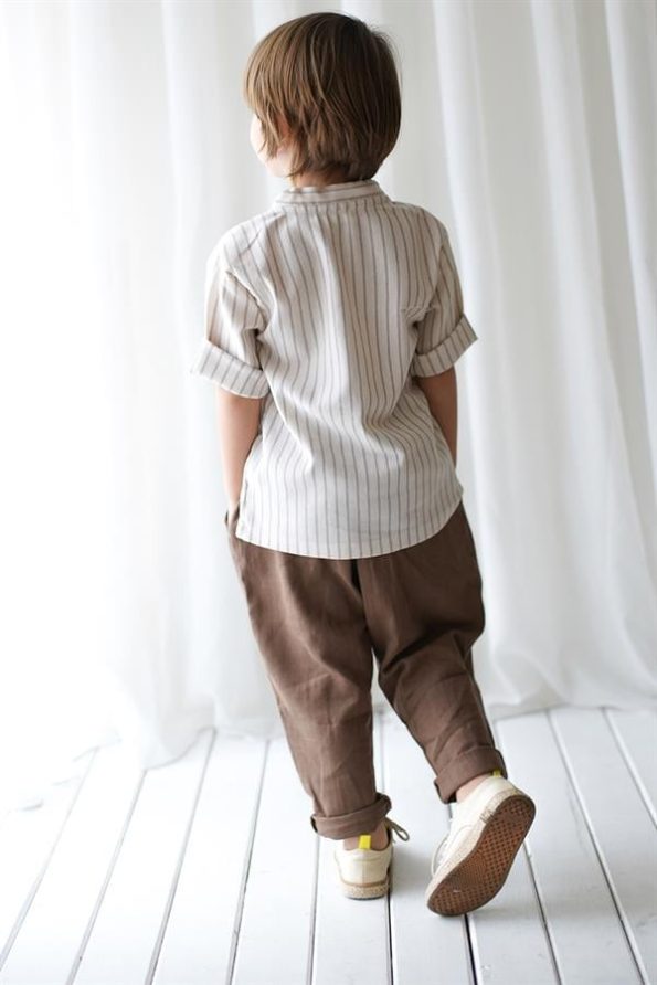 Brown Vera Linen Stitch Carrot Pants + Cream Brown Striped Linen Shirt