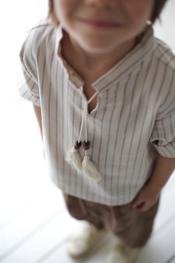 Brown Vera Linen Stitch Carrot Pants + Cream Brown Striped Linen Shirt