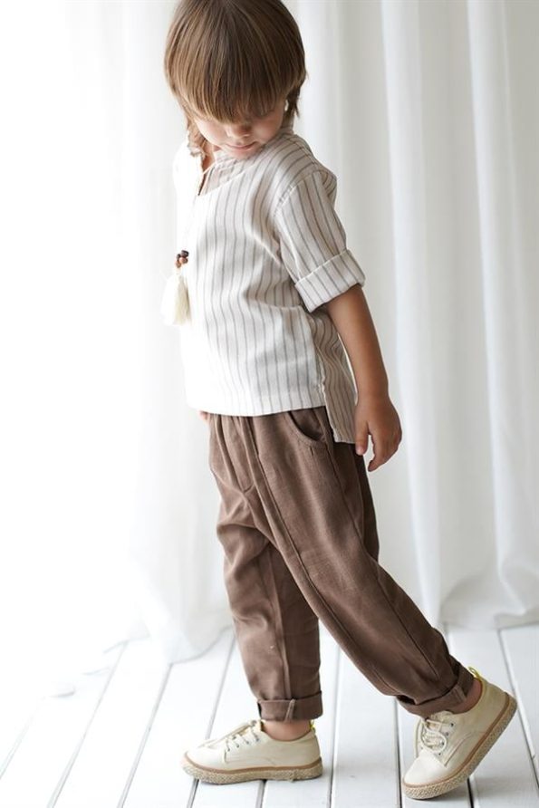 Brown Vera Linen Stitch Carrot Pants + Cream Brown Striped Linen Shirt
