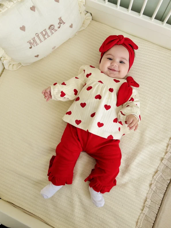 Heart Print Bow Detail 100% Cotton Ruffled Flared Pants and Headband 3-Piece Set