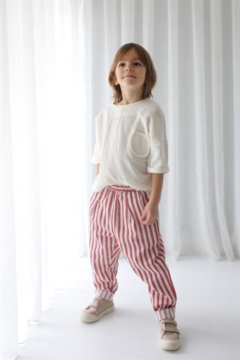 Red Striped Linen Carrot Pants and Ecru Şile Fabric Shirt