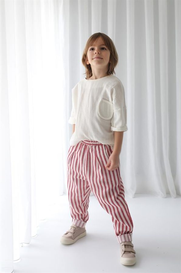Red Striped Linen Carrot Pants and Ecru Şile Fabric Shirt