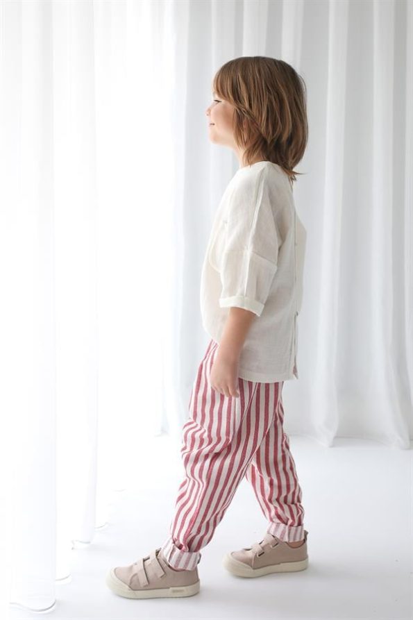 Red Striped Linen Carrot Pants and Ecru Şile Fabric Shirt
