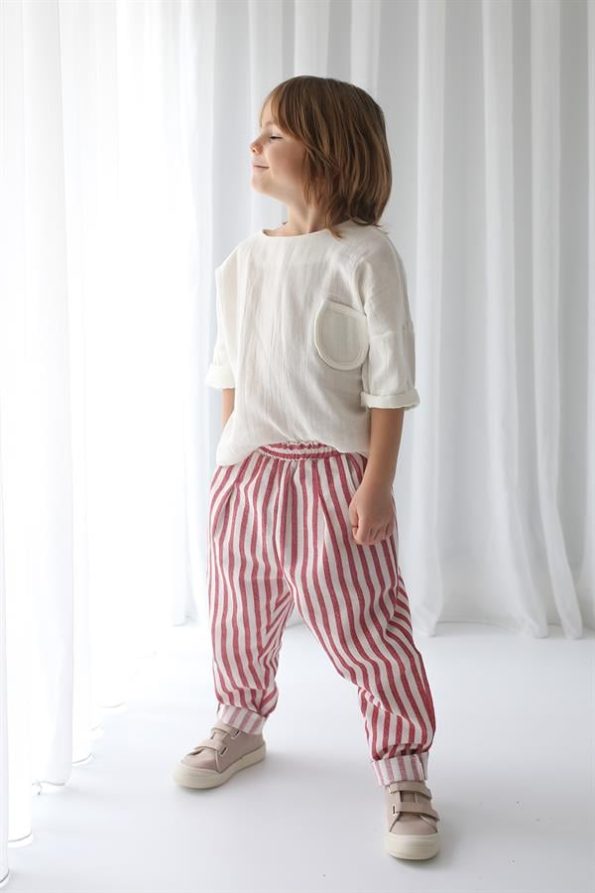 Red Striped Linen Carrot Pants and Ecru Şile Fabric Shirt