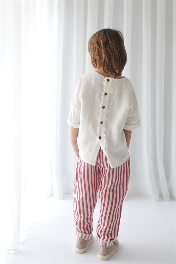 Red Striped Linen Carrot Pants and Ecru Şile Fabric Shirt