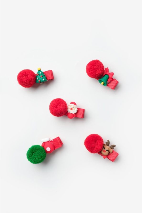 Red Pom-Pom Christmas Hair Clip Set for Girls