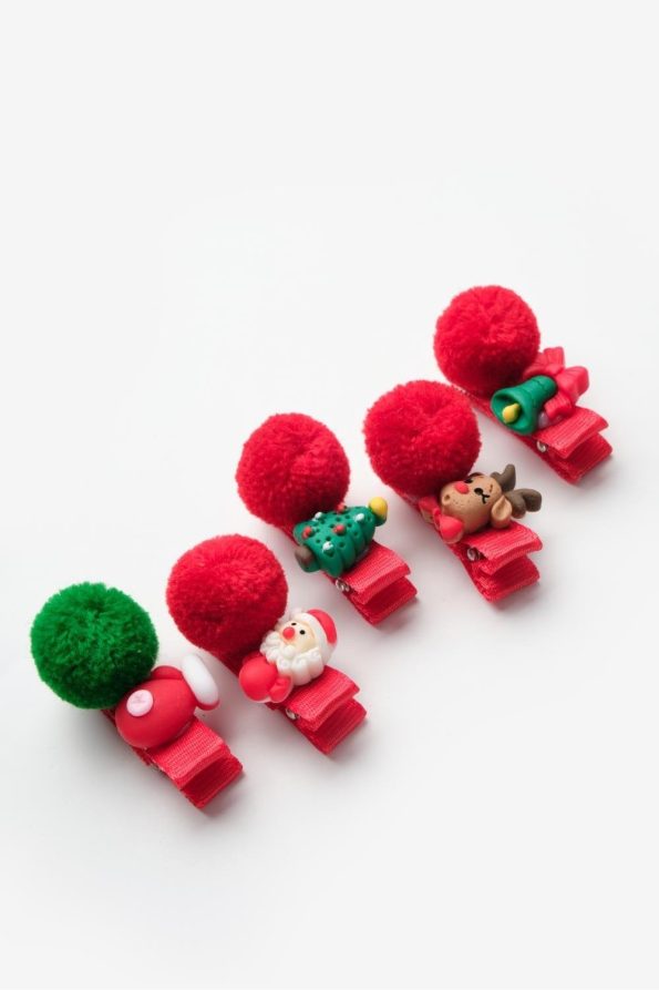 Red Pom-Pom Christmas Hair Clip Set for Girls