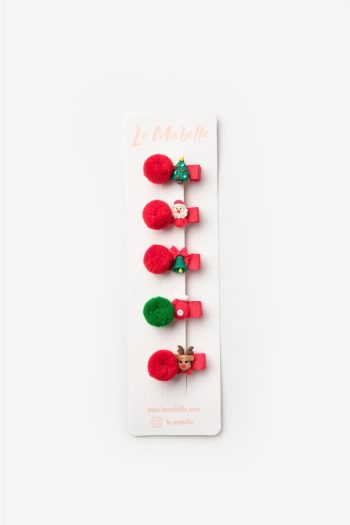 Red Pom-Pom Christmas Hair Clip Set for Girls