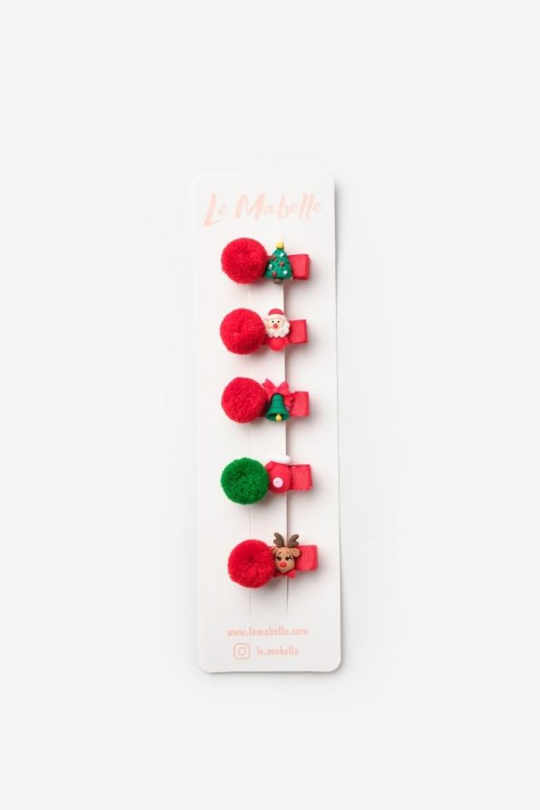 Red Pom-Pom Christmas Hair Clip Set for Girls