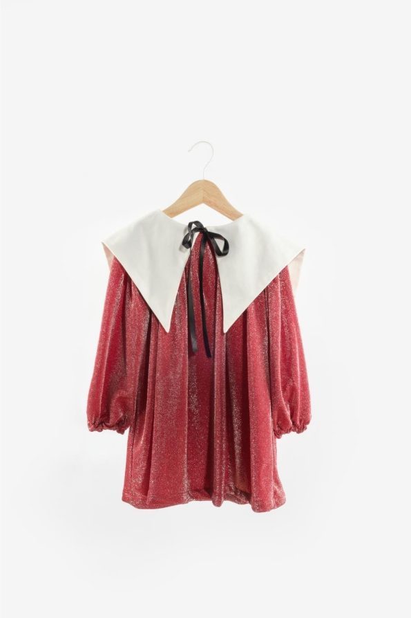Red Long Sleeve Collar Detail Shimmer Dress for Girls