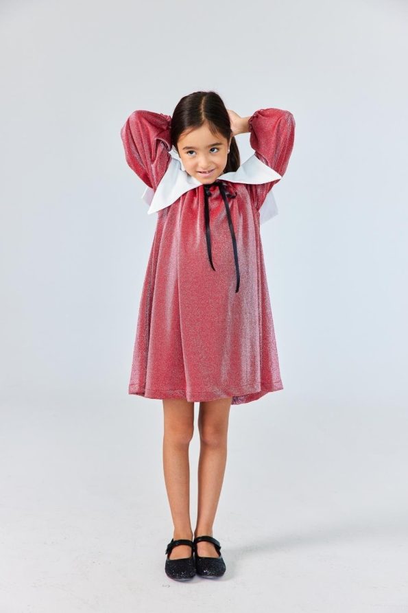 Red Long Sleeve Collar Detail Shimmer Dress for Girls