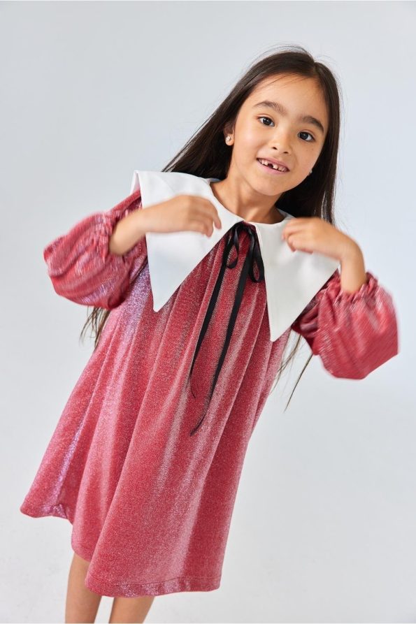 Red Long Sleeve Collar Detail Shimmer Dress for Girls