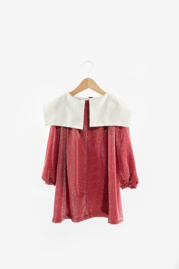Red Long Sleeve Collar Detail Shimmer Dress for Girls