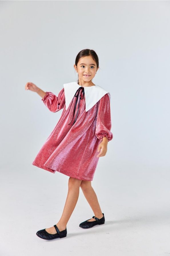 Red Long Sleeve Collar Detail Shimmer Dress for Girls