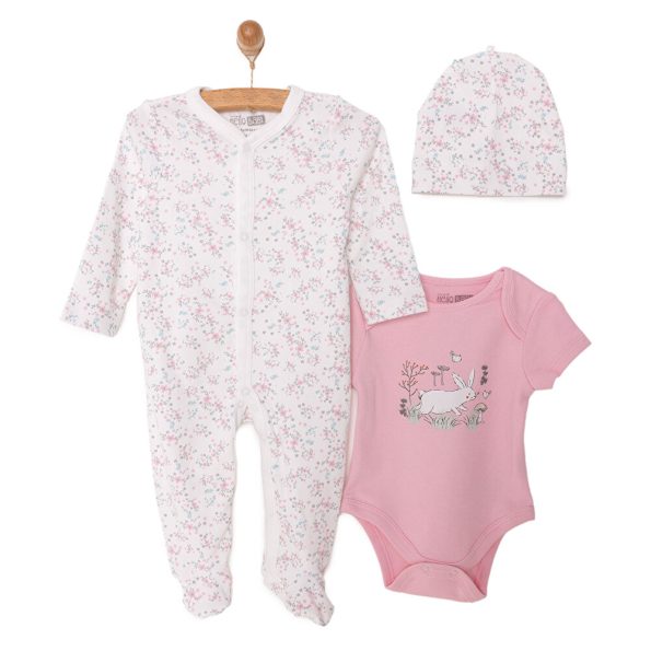 Newborn Baby Girl Romper, Bodysuit, and Hat Set - Interlock Round Neck Long Sleeve Ecru