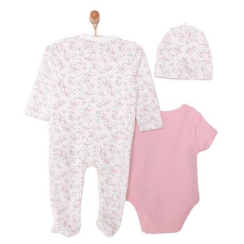 Newborn Baby Girl Romper, Bodysuit, and Hat Set - Interlock Round Neck Long Sleeve Ecru