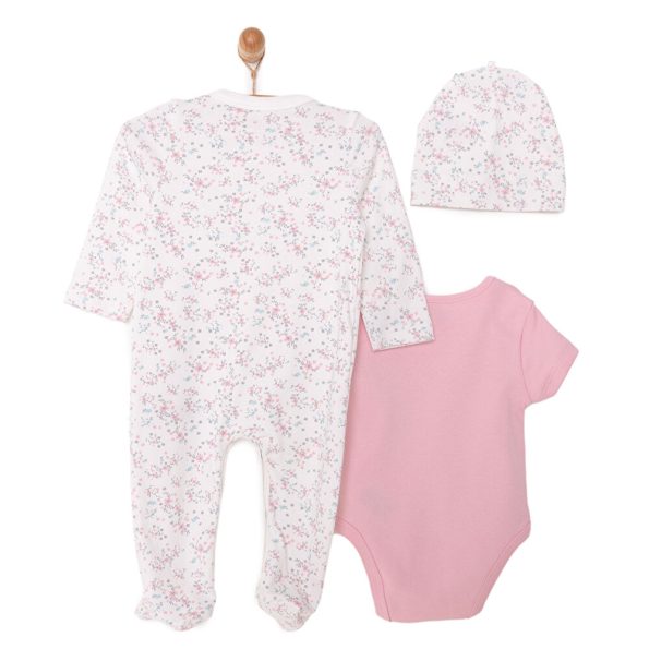 Newborn Baby Girl Romper, Bodysuit, and Hat Set - Interlock Round Neck Long Sleeve Ecru
