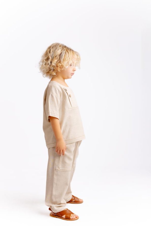 Contrast Stitch Linen Blouse for Ages 2-7 Natural