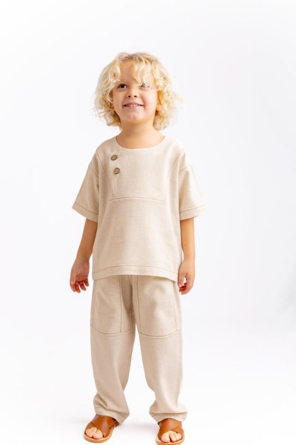 Contrast Stitch Linen Blouse for Ages 2-7 Natural