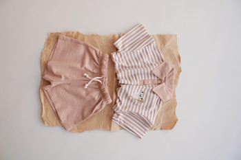 Dark Beige Striped Koala Embroidered Polo Collar Shorts Set