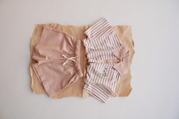 Dark Beige Striped Koala Embroidered Polo Collar Shorts Set