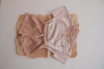 Dark Beige Striped Koala Embroidered Polo Collar Shorts Set