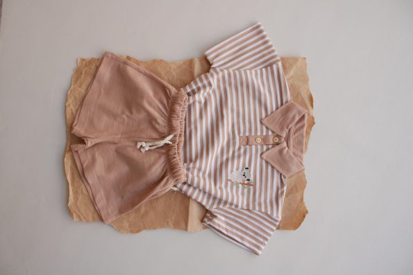 Dark Beige Striped Koala Embroidered Polo Collar Shorts Set