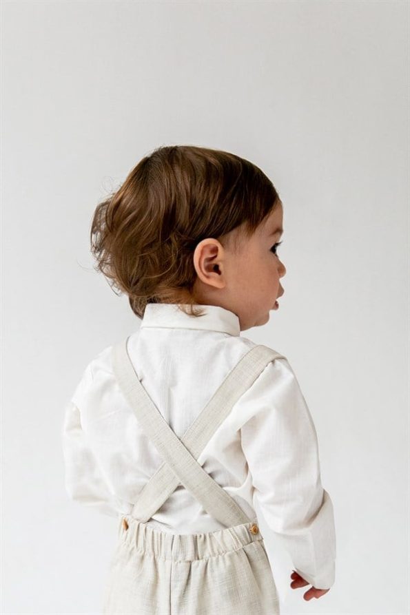 Cream Linen Buttoned Overalls & White Shirt