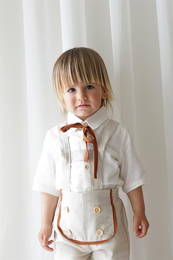 Cream Linen Shorts Overalls with White Short-Sleeve Shirt
