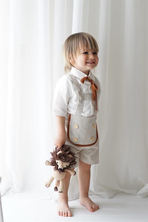 Cream Linen Shorts Overalls with White Short-Sleeve Shirt
