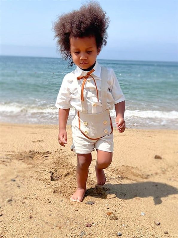 Cream Linen Shorts Overalls with White Short-Sleeve Shirt