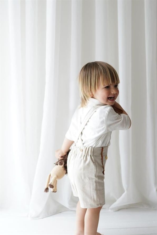 Cream Linen Shorts Overalls with White Short-Sleeve Shirt