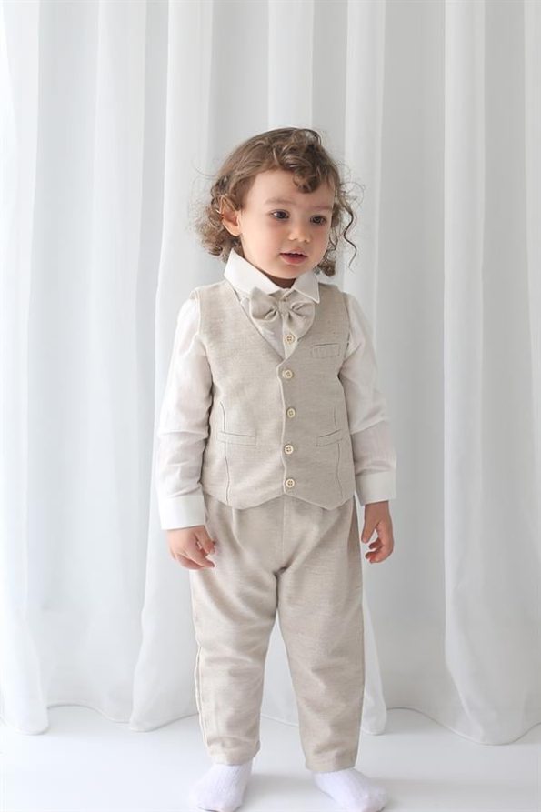 Cream Linen Vest, Pants, Shirt, and Bow Tie Set